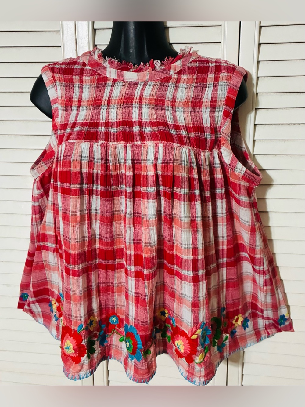 Sister Mary Med Red Plaid Sleeveless cotton Peplum Top with Floral Embroidery